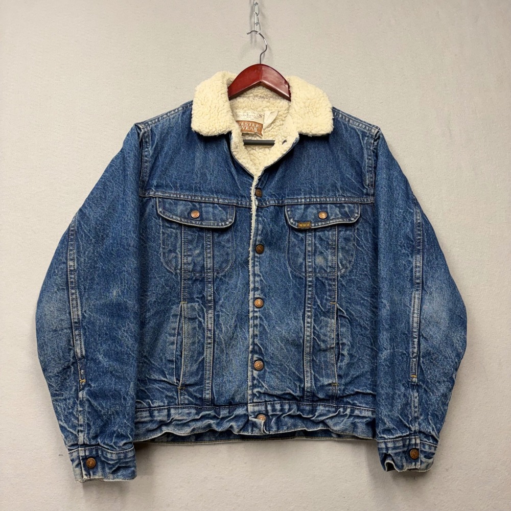 Roebucks Denim Jacket Mens Blue Western Wear Sherpa Lined Distressed 80s Vintage